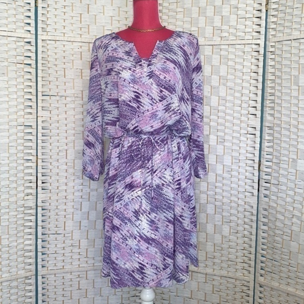 NYDJ Alexa Pleat Back Slimming Cinch Waist Purple Lotus Flower Dress Large
